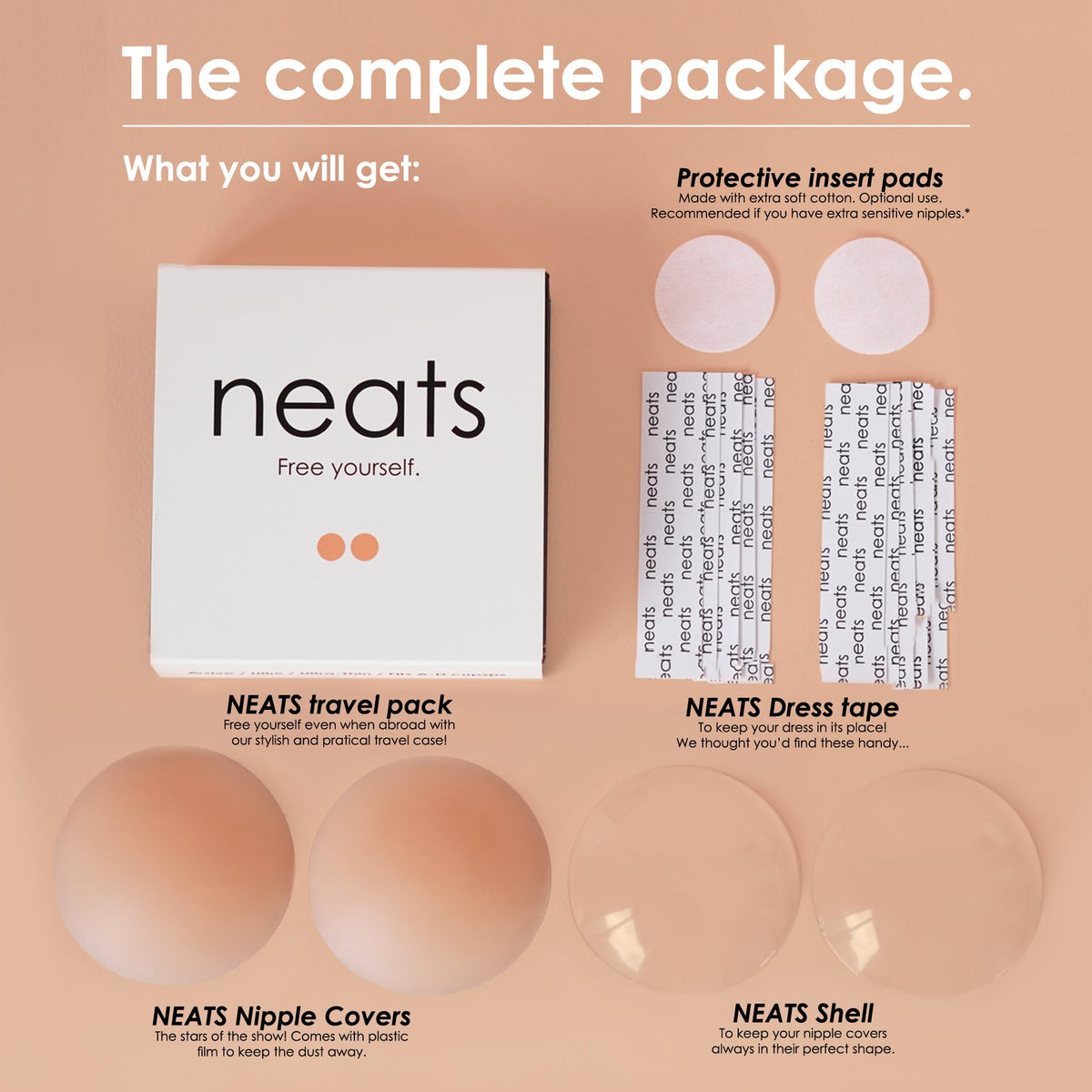 Neats reusable nipple covers for women travel pack with nipple covers, shell, dress tape, and protective insert pads