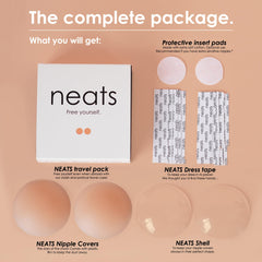 Neats reusable nipple covers for women travel pack with nipple covers, shell, dress tape, and protective insert pads
