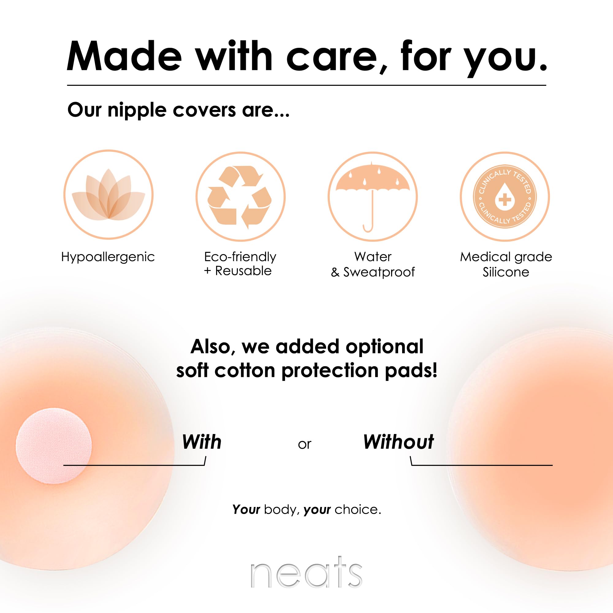 Neats reusable nipple covers for women hypoallergenic eco-friendly water and sweatproof medical grade silicone