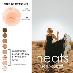 Neats reusable nipple covers for women in various skin tones with size guide and model in black dress