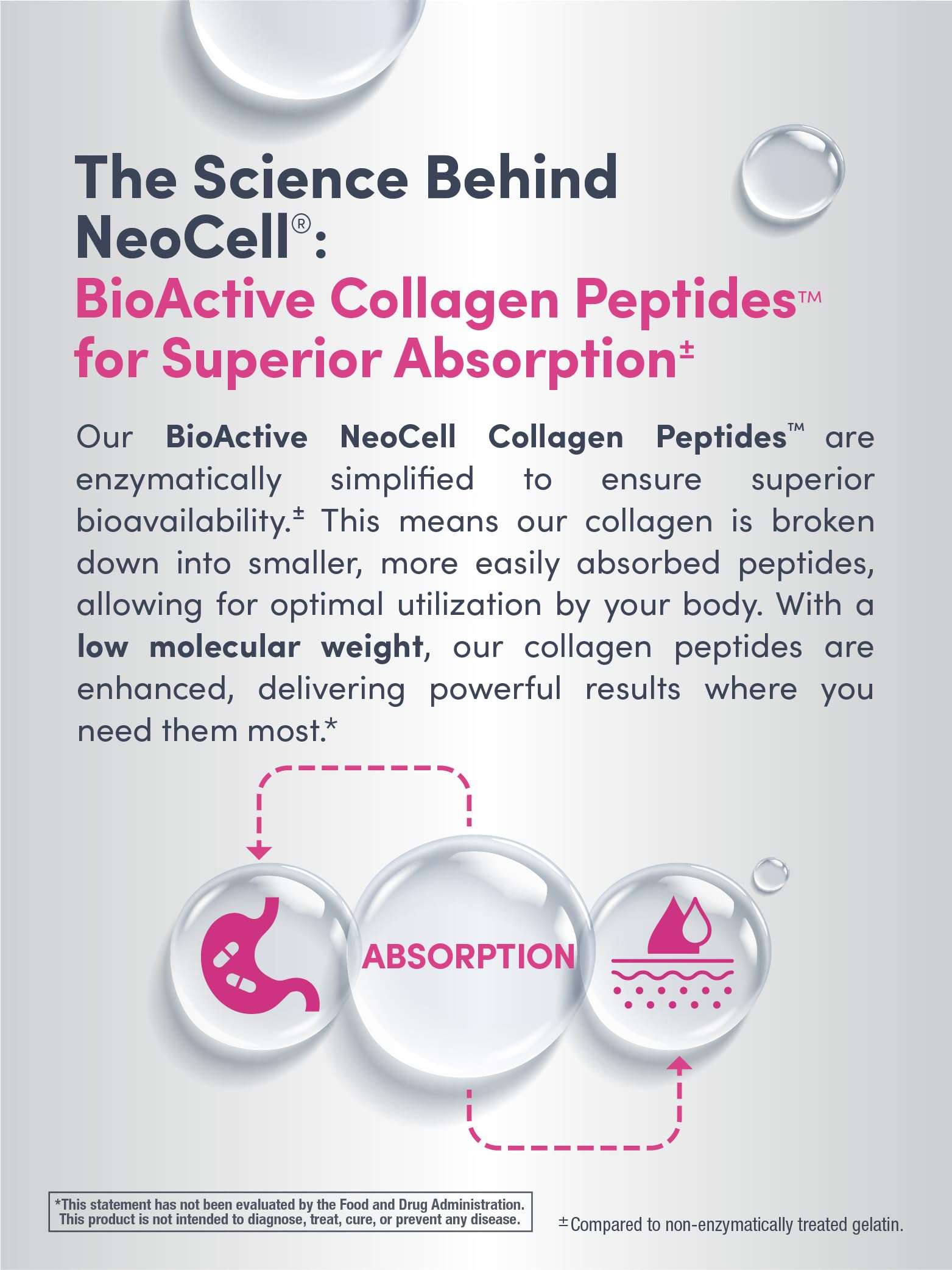 Neocell super collagen powder infographic showing BioActive Collagen Peptides science text and absorption icons