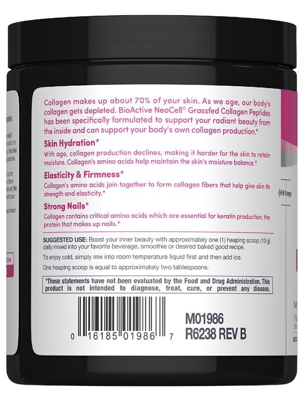 Neocell super collagen powder black jar back label showing skin hydration elasticity strong nails directions and barcode