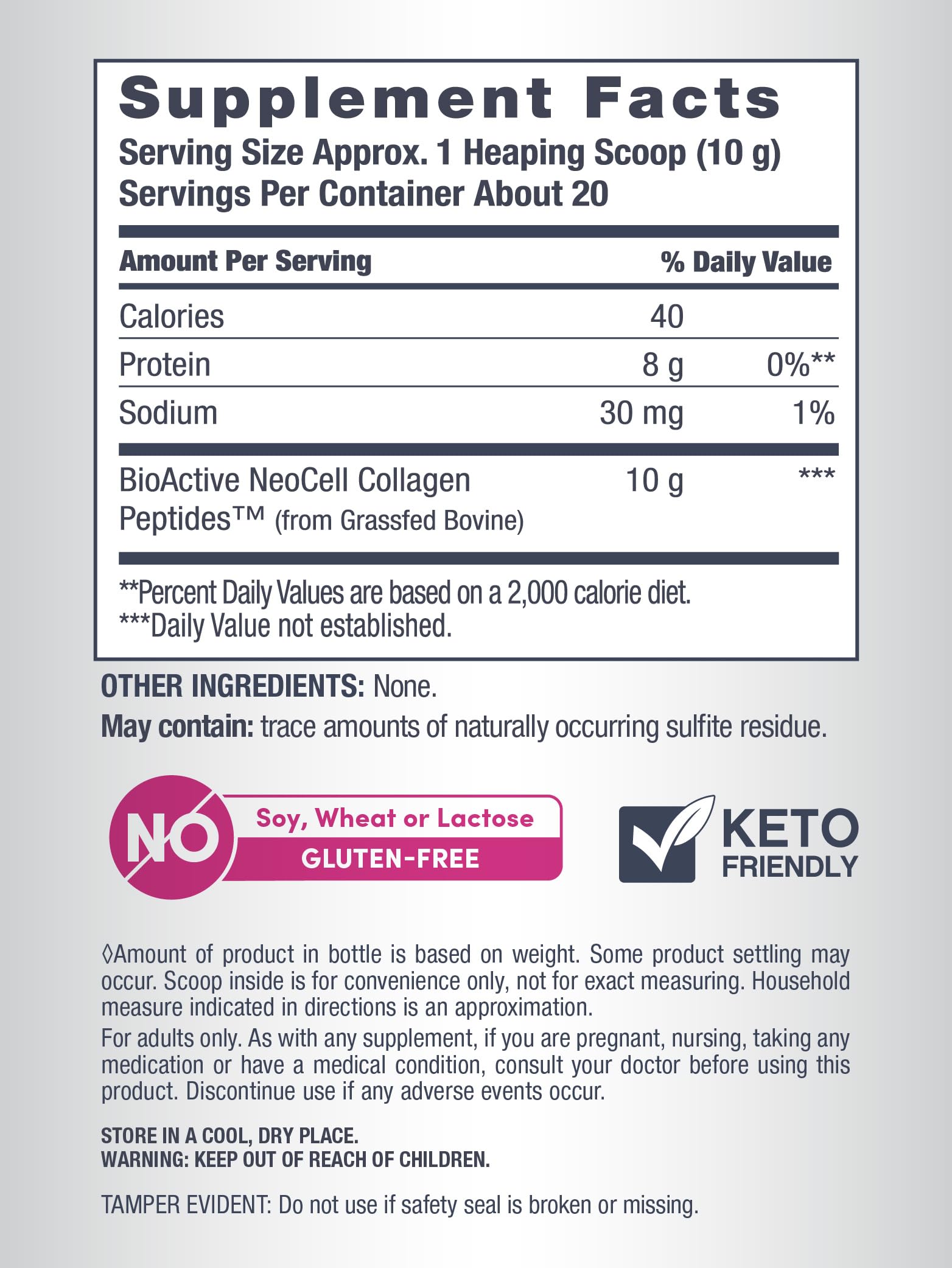 Closeup of Neocell super collagen powder back label showing supplement facts 10 g collagen peptides and keto friendly claim