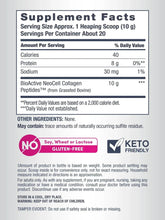 Neocell collagen peptides Supplement Facts panel with nutrition amounts and allergen icons
