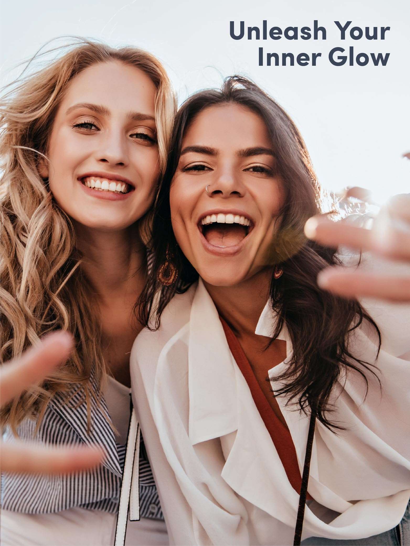 Two smiling women selfie outdoors with sunlight promoting Neocell super collagen powder skin glow