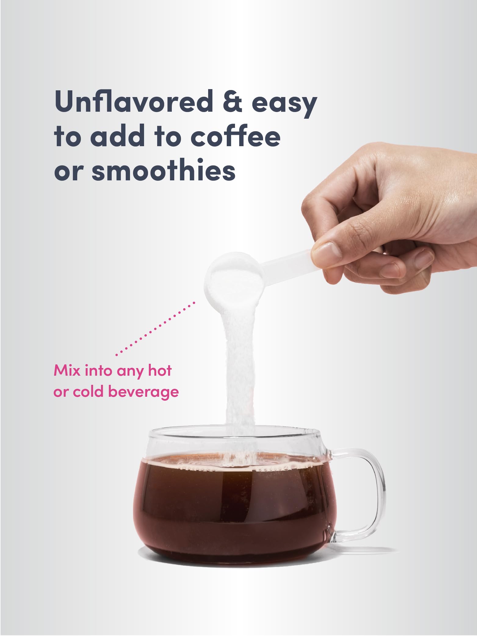 Hand pouring Neocell super collagen powder scoop into a glass mug of coffee unflavored easy to mix