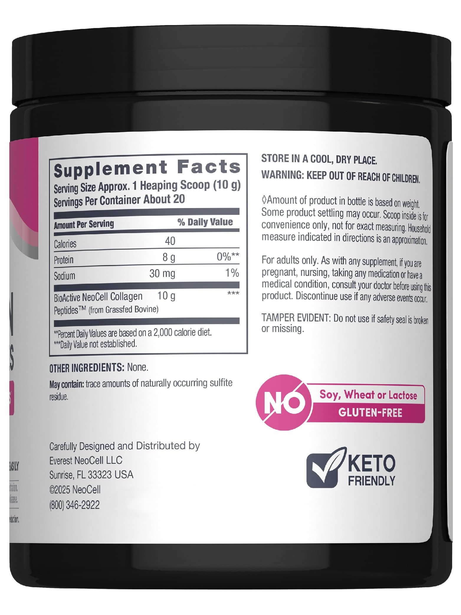 Neocell super collagen powder black jar back label showing Supplement Facts gluten free keto friendly