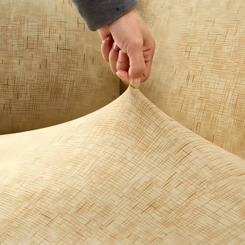 Huitich beige sofa slipcover with textured pattern being stretched on a three seat sofa cover