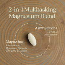 Magnesium + ashwagandha blend graphic with magnesium capsule and ashwagandha root