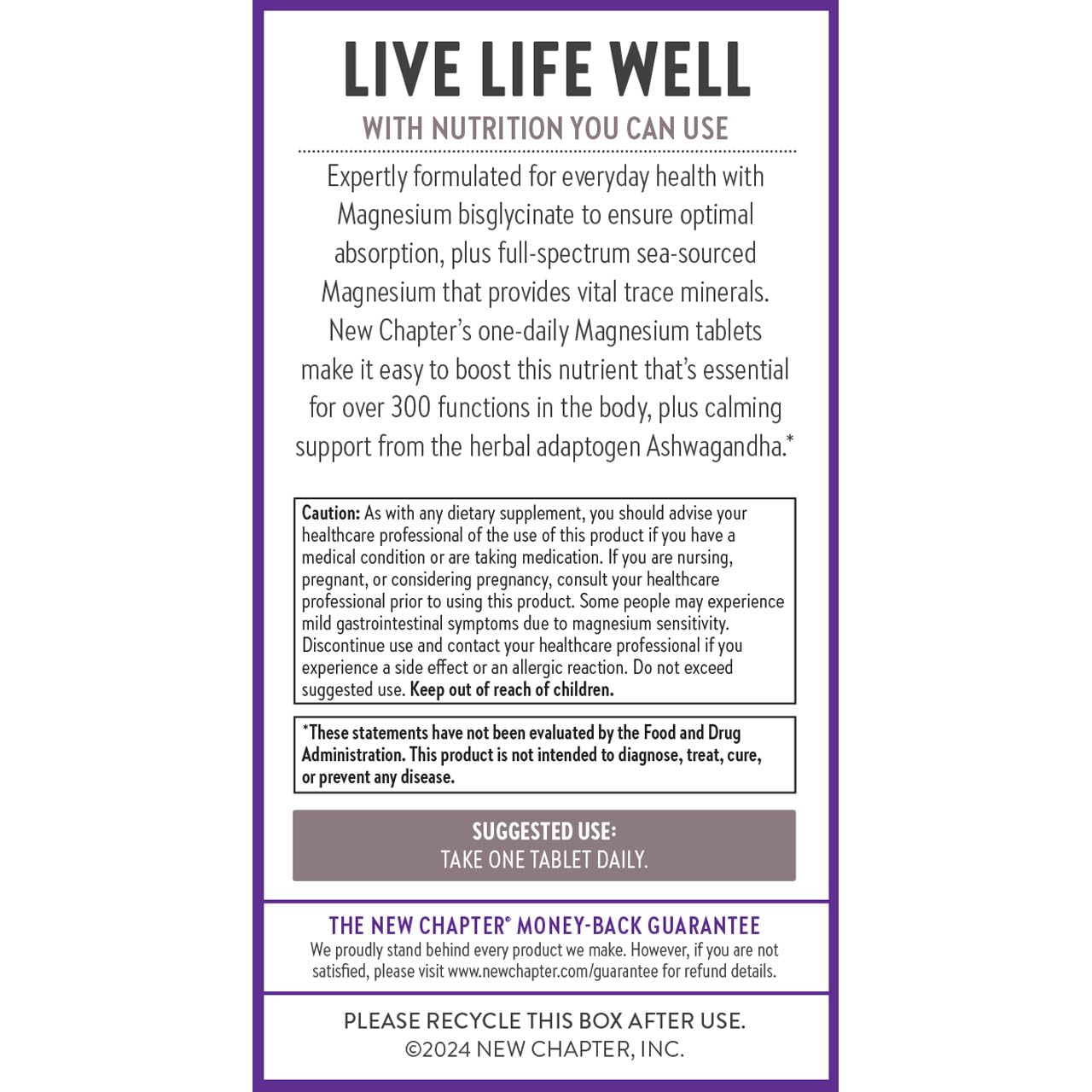New Chapter magnesium ashwagandha supplement UAE label showing Live Life Well benefits and suggested use