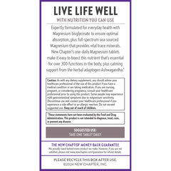 New Chapter magnesium ashwagandha supplement UAE label showing Live Life Well benefits and suggested use