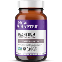 Magnesium + Ashwagandha dietary supplement bottle with New Chapter purple label