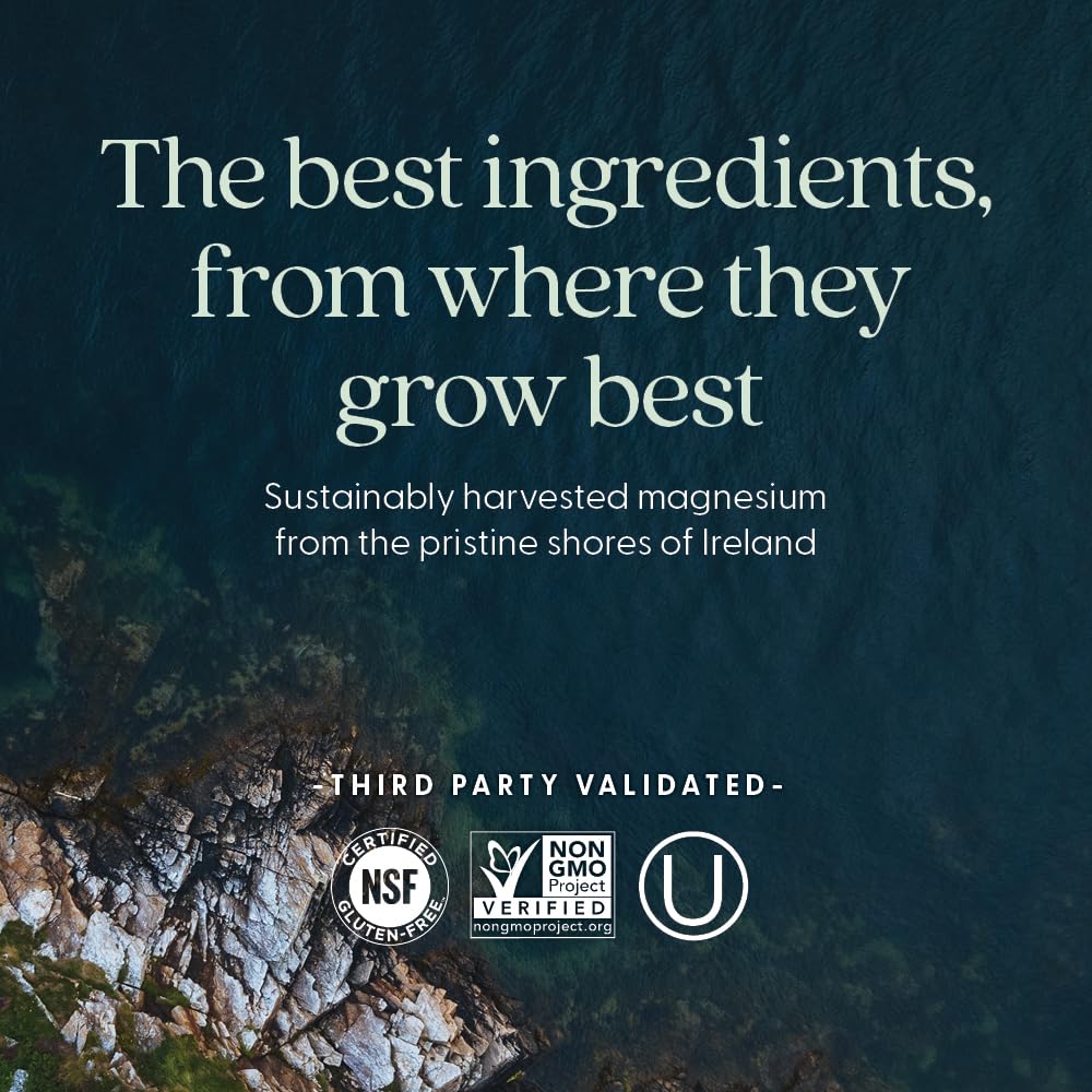 New Chapter ad with Irish shoreline and certification icons promoting sustainably harvested magnesium ashwagandha supplement UAE