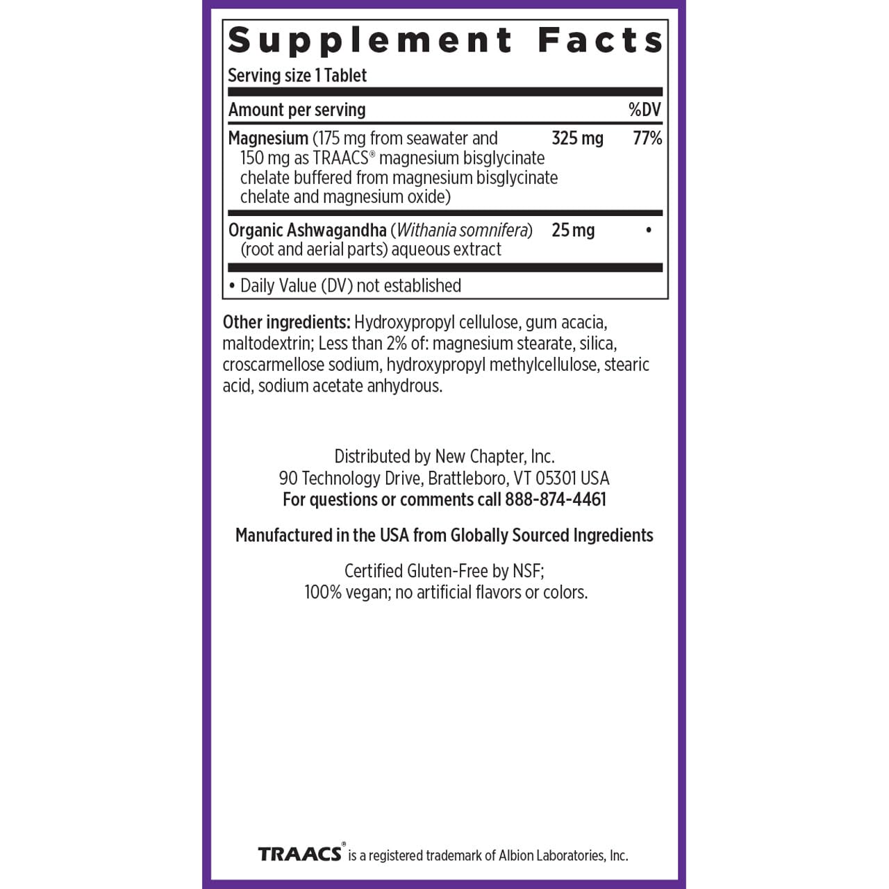 New Chapter supplement facts label listing 325 mg magnesium and 25 mg organic ashwagandha magnesium ashwagandha supplement UAE