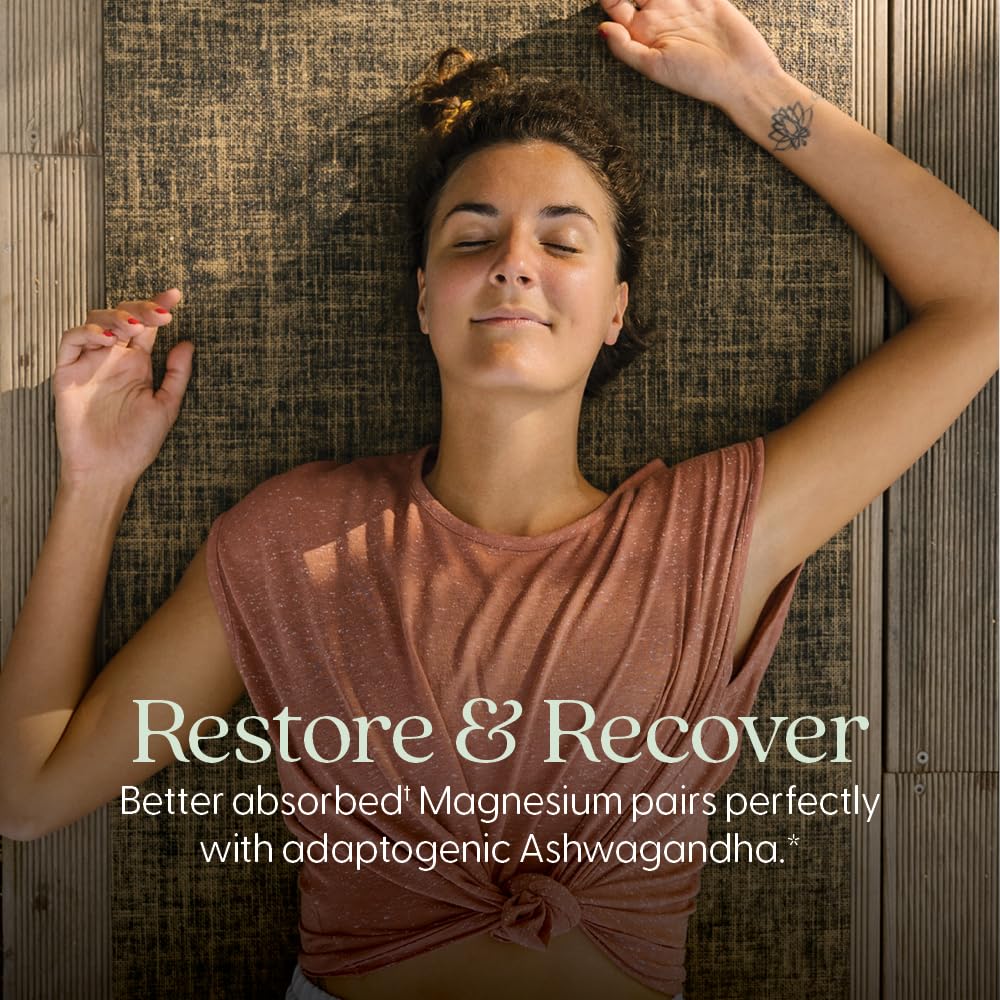 Relaxed woman lying on yoga mat with eyes closed and Restore and Recover text promoting magnesium ashwagandha supplement UAE