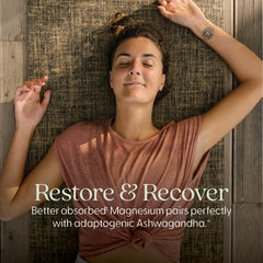 Relaxed woman lying on yoga mat with eyes closed and Restore and Recover text promoting magnesium ashwagandha supplement UAE