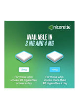 Nicorette gum availability card showing 2 mg and 4 mg options