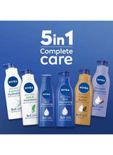 Set of NIVEA 5-in-1 body lotion bottles displayed on a lineup panel.