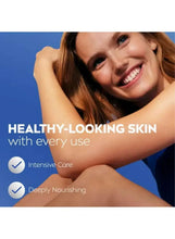 Smiling woman with arms extended, marketing panel for healthy-looking skin.