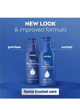 Two NIVEA body lotion bottles labeled previous and current on a panel.