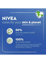 NIVEA cares sustainability panel with recycled plastic bottle percentages and icons.
