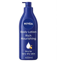 NIVEA rich nourishing body lotion bottle, 400 ml, blue pump dispenser.