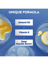 Illustration of almond oil and vitamin E with deep nourish serum graphic.