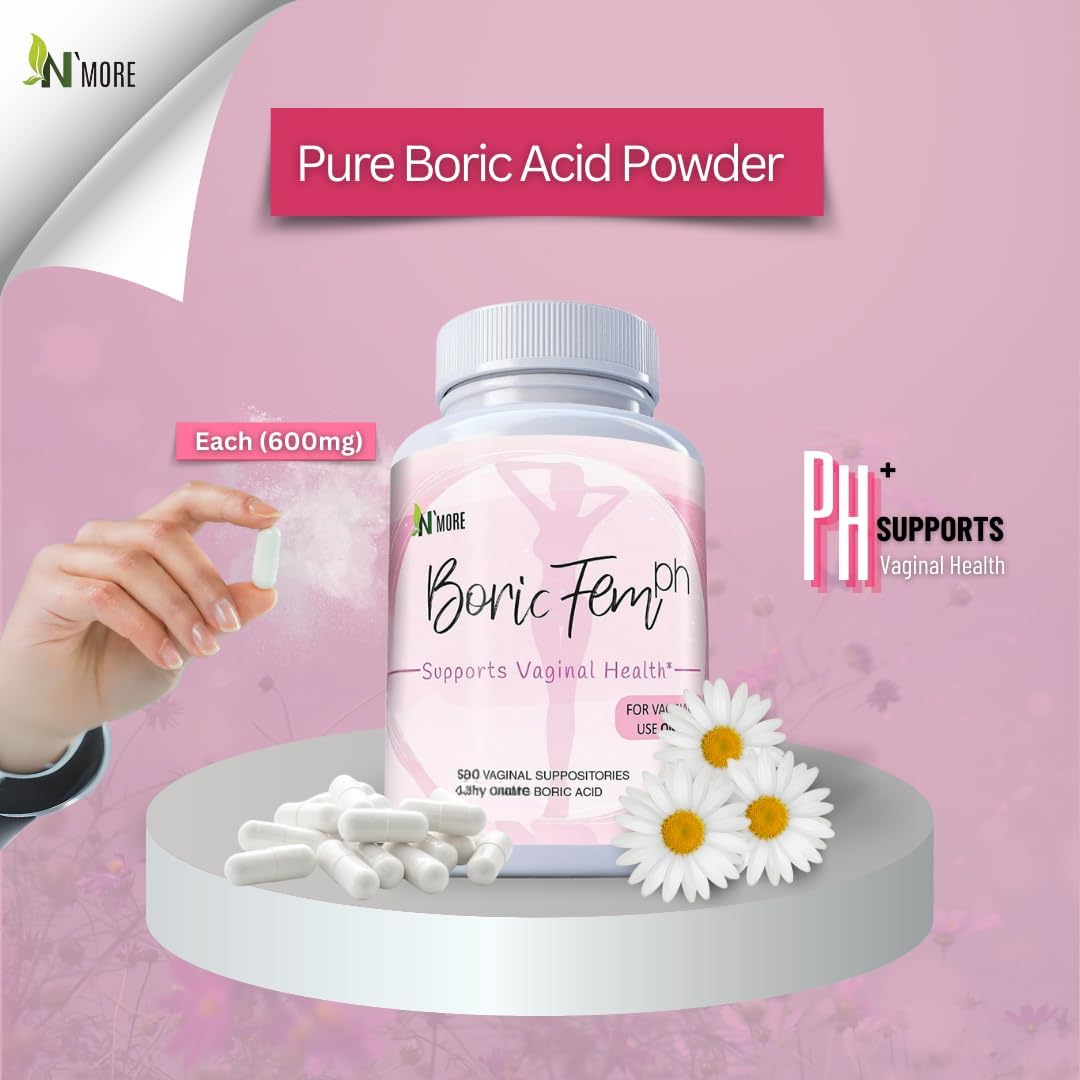 NMore Boric Fem pH bottle, white capsules and hand holding one, Boric Acid Powder 600mg boric acid vaginal suppositories