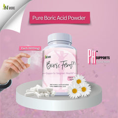 NMore Boric Fem pH bottle, white capsules and hand holding one, Boric Acid Powder 600mg boric acid vaginal suppositories