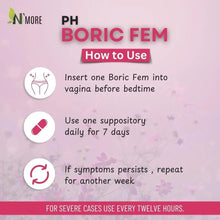 Boric acid vaginal suppository how-to-use card with icons and pink label branding.