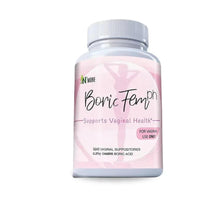 Boric acid vaginal suppository bottle with white cap and pink label, 600 mg.