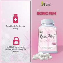 Boric acid vaginal suppository bottle with white cap and tray of white suppositories.