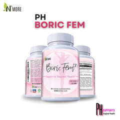 NMore Boric Fem bottles with pink labels showing boric acid vaginal suppositories to support vaginal pH and health