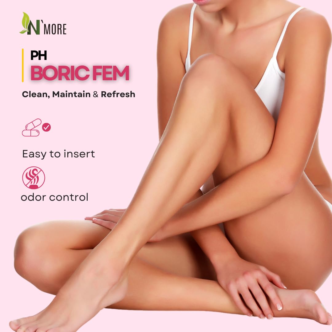 NMore boric acid vaginal suppositories advertisement with seated woman in white underwear highlighting easy insert and odor control