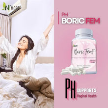 Boric acid vaginal suppository bottle with white suppositories and raised-arms model.