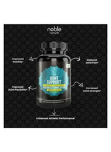 Joint support supplement bottle diagram with arrows for mobility, flexibility, pain relief