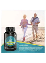 Joint support supplement bottle with 'How it works' infographic and runner couple behind