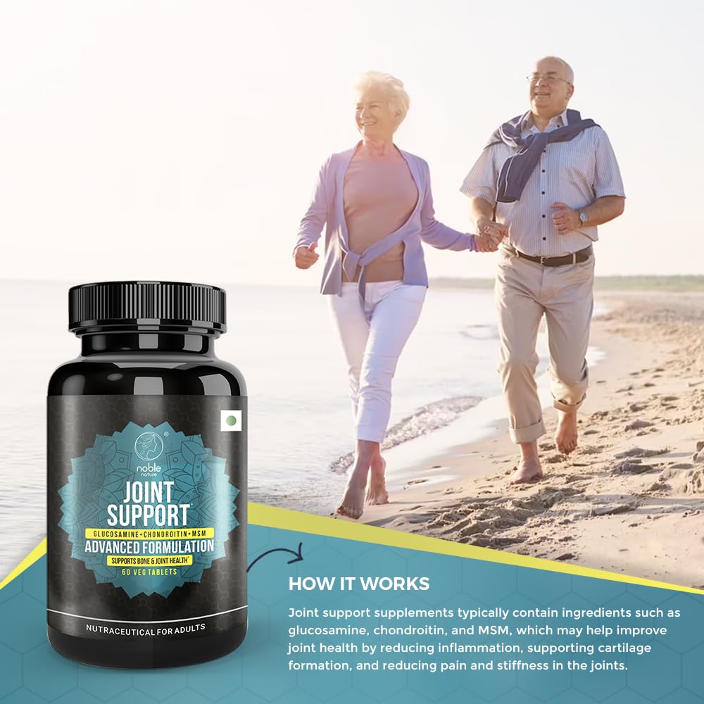 Noble Nature bottle of joint support supplement UAE with seniors walking on beach promoting mobility