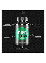 Moringa 6000 mg supplement bottle with health icons for immunity and antioxidant support.