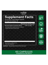 Supplement Facts panel for moringa 6000 mg, listing serving details and 60 capsules.