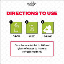 Directions to use panel: drop, fizz, drink; dissolve one tablet in 200 ml water