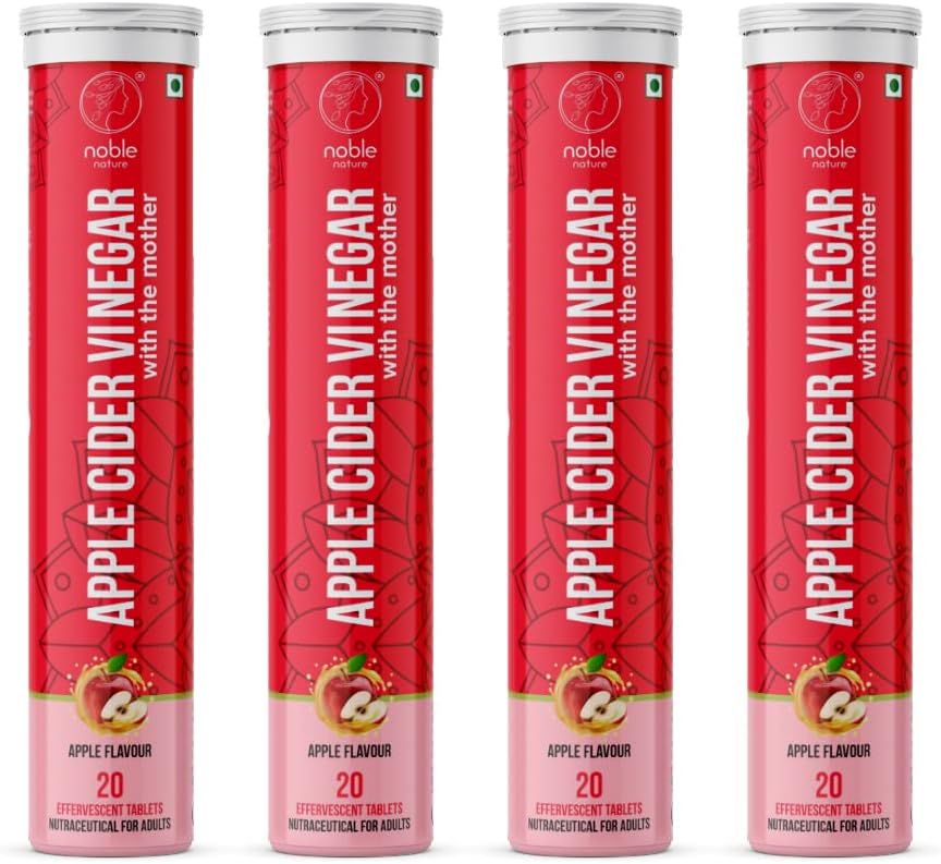Noble Nature apple cider vinegar effervescent tablets four red tubes 20 apple flavor tablets each with the mother