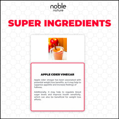 Noble Nature product image showing apple drink and info card about weight benefits with apple cider vinegar effervescent tablets