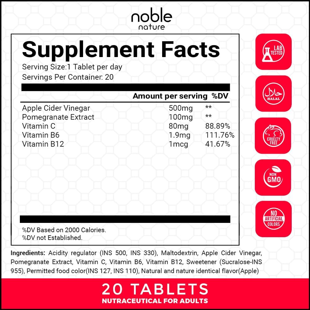 Noble Nature supplement facts label for apple cider vinegar effervescent tablets 20 tablets 500mg pomegranate extract