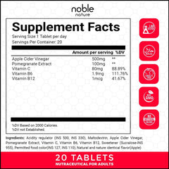 Noble Nature supplement facts label for apple cider vinegar effervescent tablets 20 tablets 500mg pomegranate extract