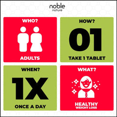 Noble Nature directions showing adults take 1 tablet once daily for healthy weight loss apple cider vinegar effervescent tablets