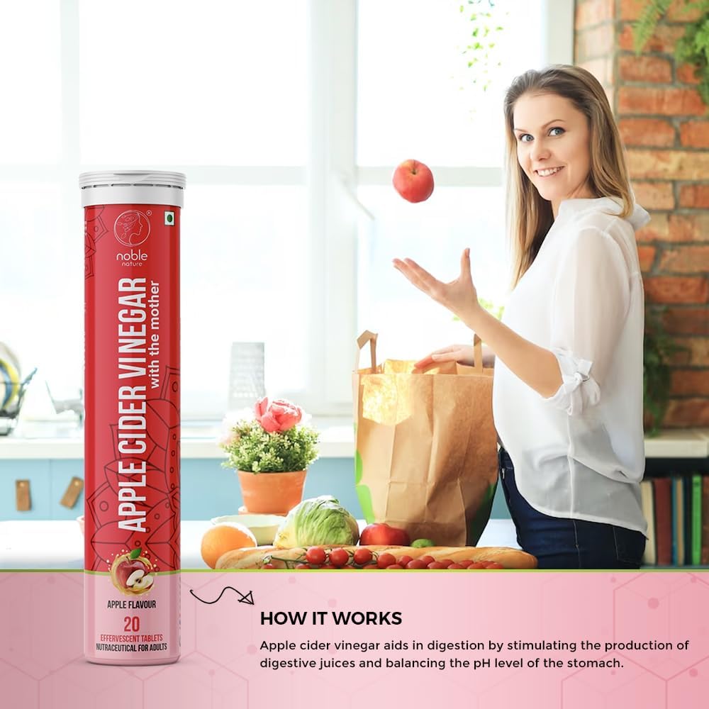 Noble Nature apple cider vinegar effervescent tablets tube beside smiling woman in kitchen with groceries