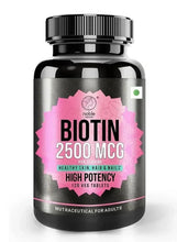 Biotin 2500 mcg supplement bottle with pink label and black cap, 120 veggie tablets