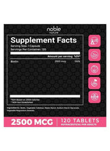 Biotin supplement facts label showing 2500 mcg per serving, 120 servings