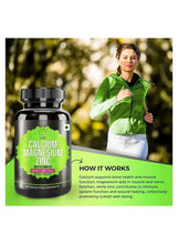 Calcium magnesium zinc vitamin D3 supplement bottle with green label